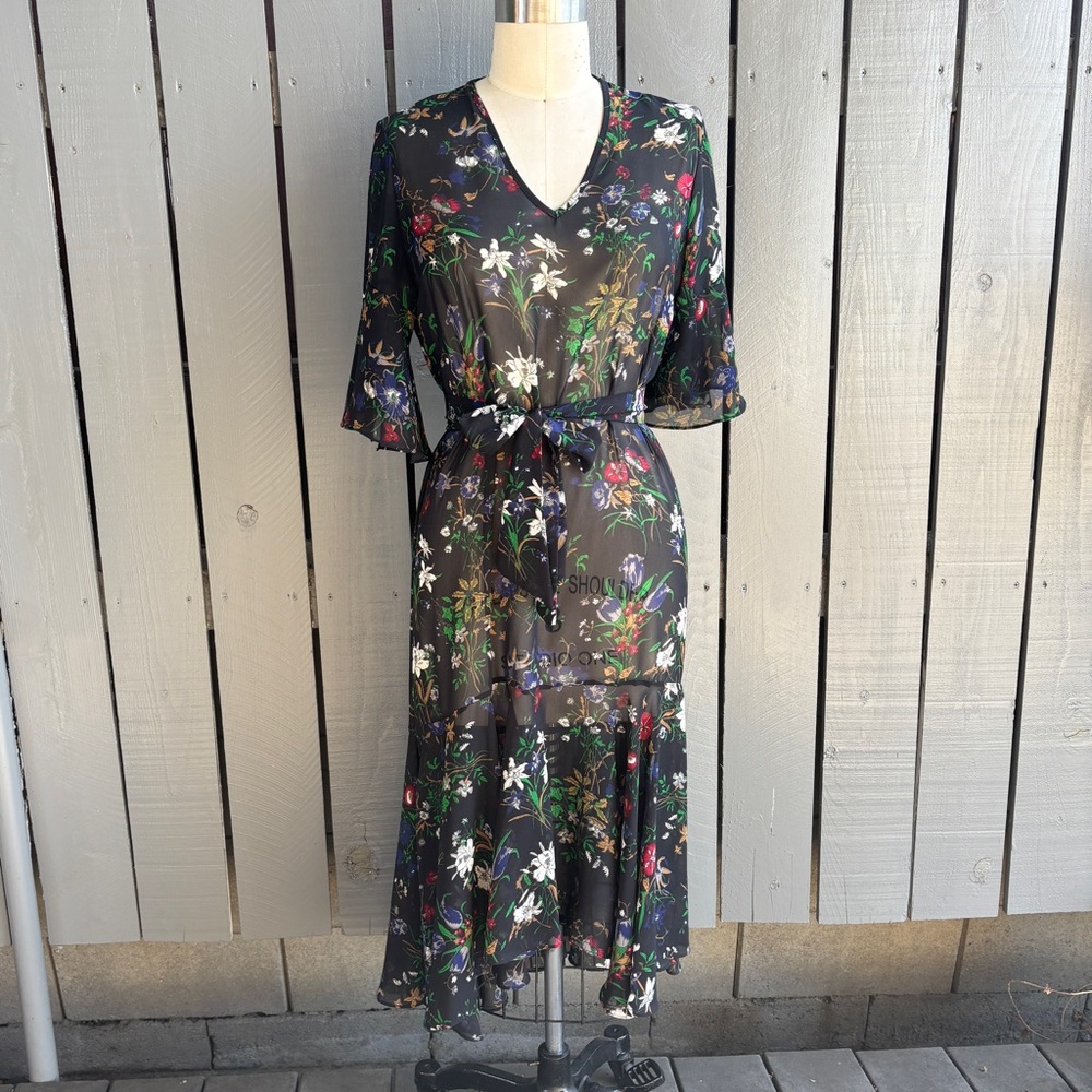 Sheer Black Floral Dress with High-Low Ruffle Hem, fits M-L